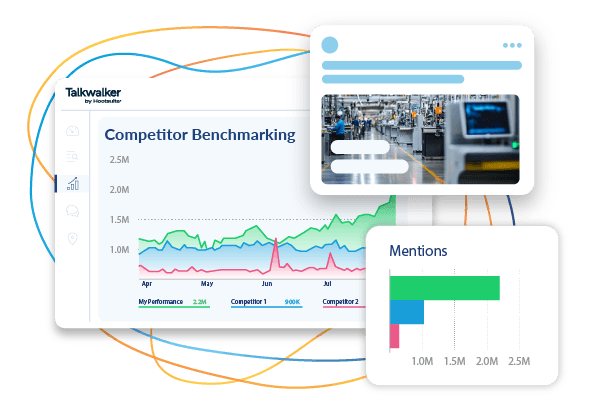 Analytics dashboard showing competitor benchmarking data with line graphs, mentions metrics, and performance comparison charts